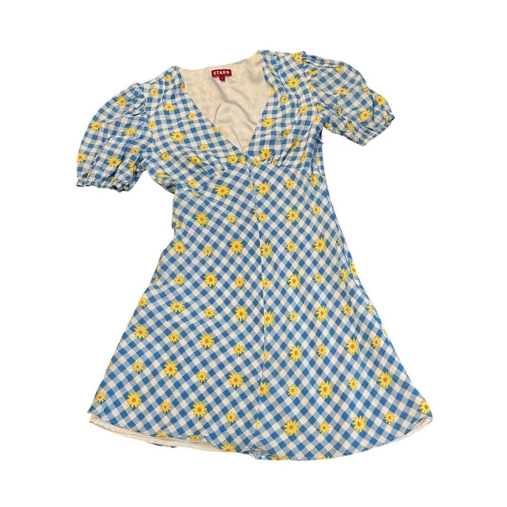 STAUD Milla Print Mini Dress Blue Gingham Daisy Plaid Puff Sleeve (sz 4) - Picture 2 of 6